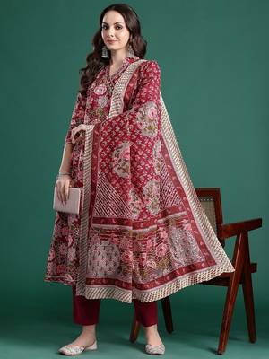 Floral Printed Angrakha Mirror Work Pure Cotton Kurta With Trousers & Dupatta 7