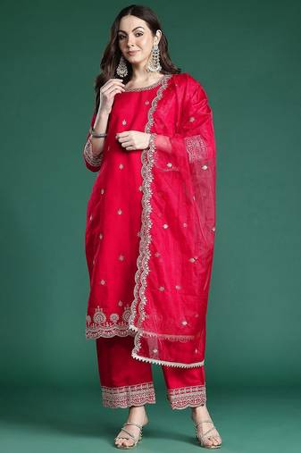 Ethnic Motifs Embroidered Sequinned Kurta With Trousers & Dupatta