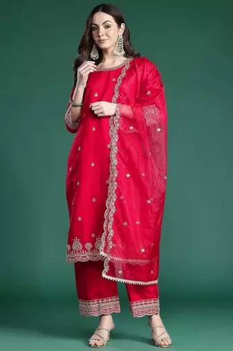 Ethnic Motifs Embroidered Sequinned Kurta With Trousers & Dupatta