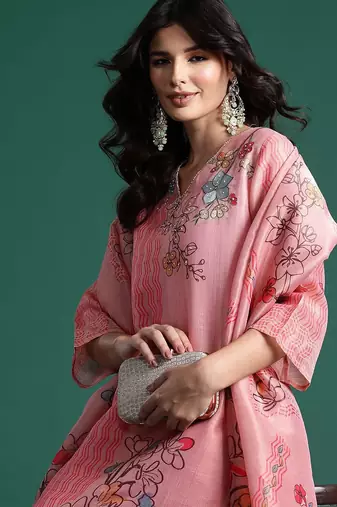 Floral Printed Sequinned Kurta With Trousers & Dupatta