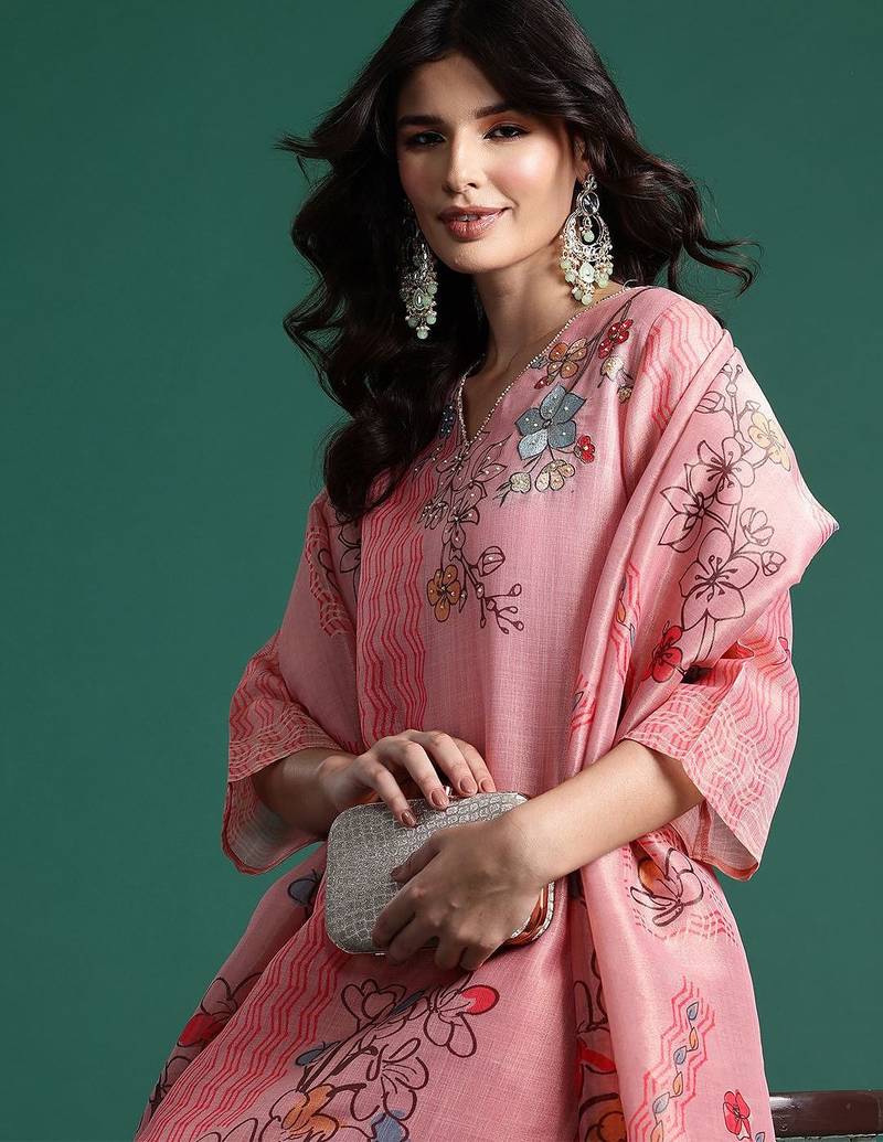 Floral Printed Sequinned Kurta With Trousers & Dupatta