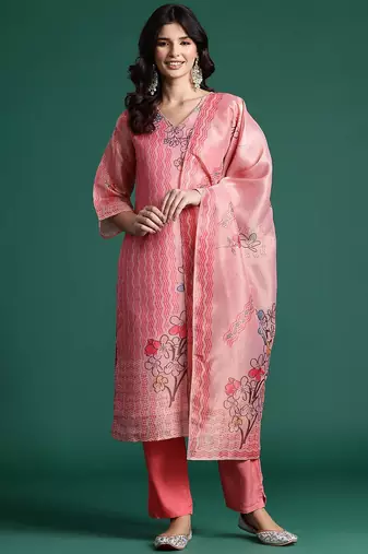Floral Printed Sequinned Kurta With Trousers & Dupatta