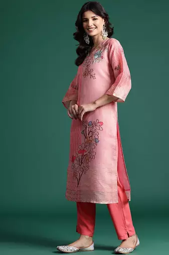 Floral Printed Sequinned Kurta With Trousers & Dupatta