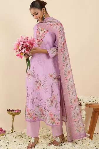 Women Floral Printed Regular Thread Work Linen Kurta with Trousers & With Dupatta