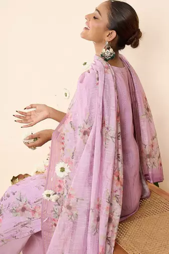Women Floral Printed Regular Thread Work Linen Kurta with Trousers & With Dupatta