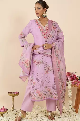 Women Floral Printed Regular Thread Work Linen Kurta with Trousers & With Dupatta