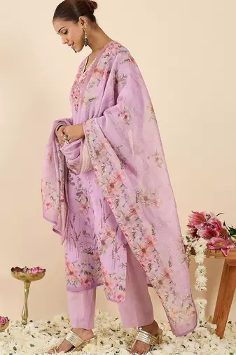 Women Floral Printed Regular Thread Work Linen Kurta with Trousers & With Dupatta