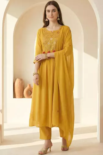 Women Ethnic Motifs Embroidered Empire Thread Work Kurta with Trousers & With Dupatta