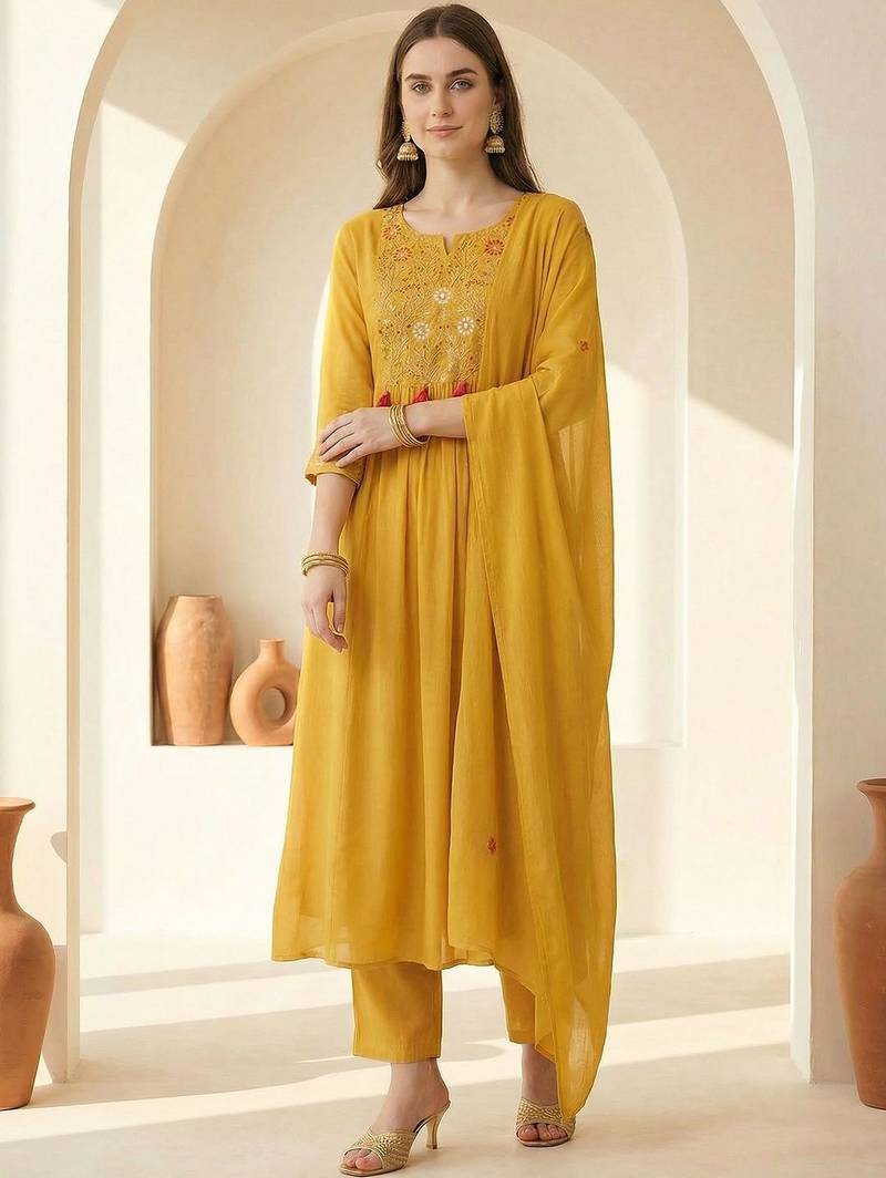 Women Ethnic Motifs Embroidered Empire Thread Work Kurta with Trousers & With Dupatta