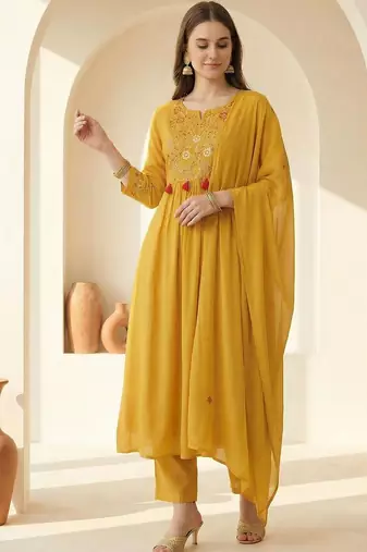 Women Ethnic Motifs Embroidered Empire Thread Work Kurta with Trousers & With Dupatta