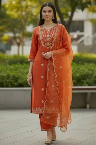 Women Ethnic Motifs Embroidered Regular Thread Work Kurta with Trousers & With Dupatta