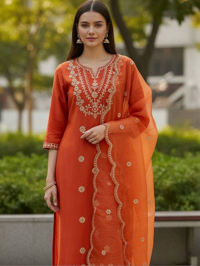 Women Ethnic Motifs Embroidered Regular Thread Work Kurta with Trousers & With Dupatta