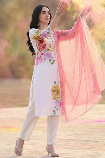 Floral Printed V-Neck Linen Straight Kurta With Trousers & Dupatta