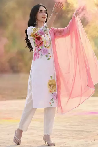Floral Printed V-Neck Linen Straight Kurta With Trousers & Dupatta