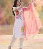 Floral Printed V-Neck Linen Straight Kurta With Trousers & Dupatta