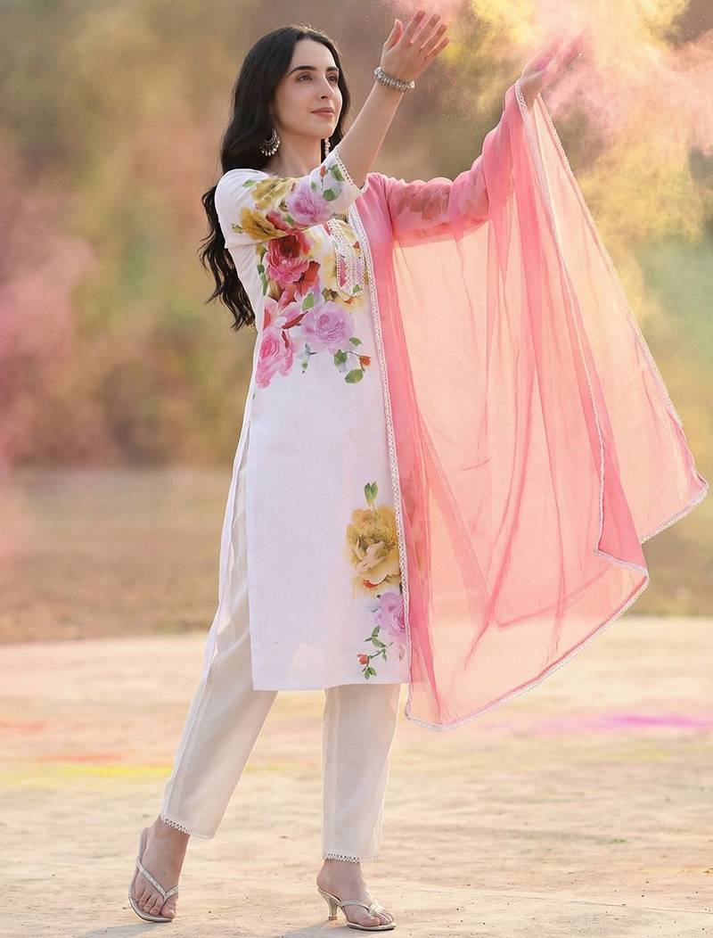 Floral Printed V-Neck Linen Straight Kurta With Trousers & Dupatta