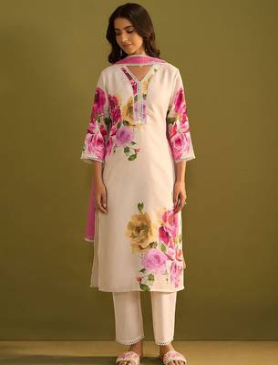 Floral Printed V-Neck Linen Straight Kurta With Trousers & Dupatta 2