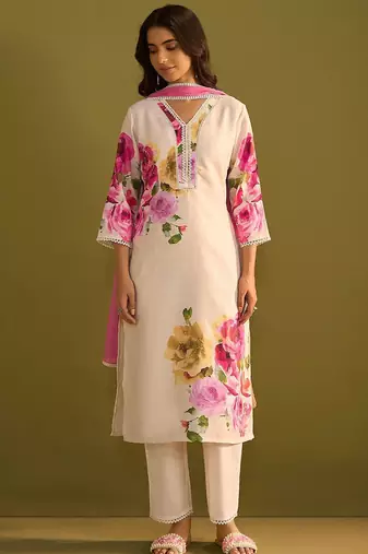 Floral Printed V-Neck Linen Straight Kurta With Trousers & Dupatta