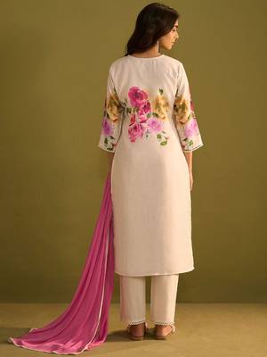 Floral Printed V-Neck Linen Straight Kurta With Trousers & Dupatta 4