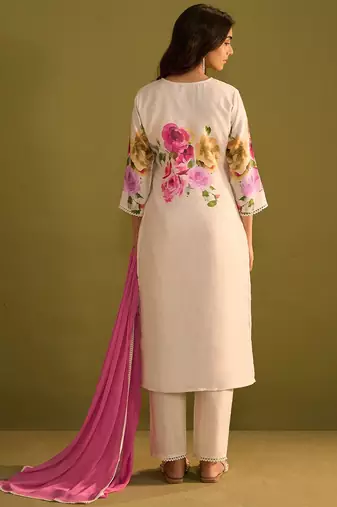 Floral Printed V-Neck Linen Straight Kurta With Trousers & Dupatta