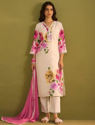 Floral Printed V-Neck Linen Straight Kurta With Trousers & Dupatta 5