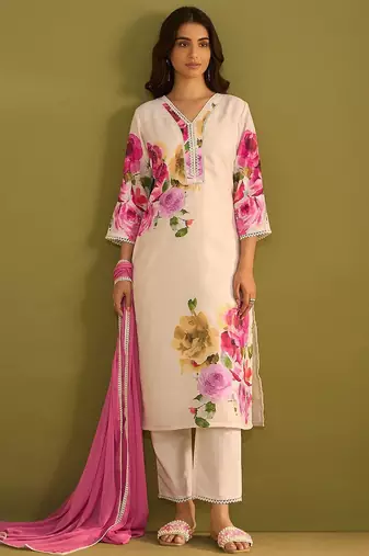 Floral Printed V-Neck Linen Straight Kurta With Trousers & Dupatta