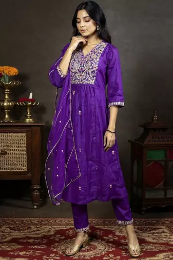Floral Embroidered Empire Aari Work A-Line Kurta & Trousers With Dupatta