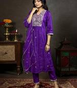 Floral Embroidered Empire Aari Work A-Line Kurta & Trousers With Dupatta