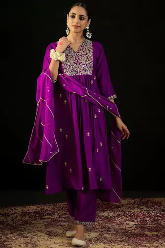 Floral Embroidered Empire Aari Work A-Line Kurta & Trousers With Dupatta