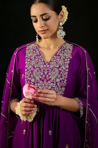Floral Embroidered Empire Aari Work A-Line Kurta & Trousers With Dupatta