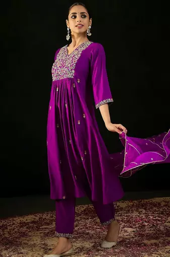 Floral Embroidered Empire Aari Work A-Line Kurta & Trousers With Dupatta