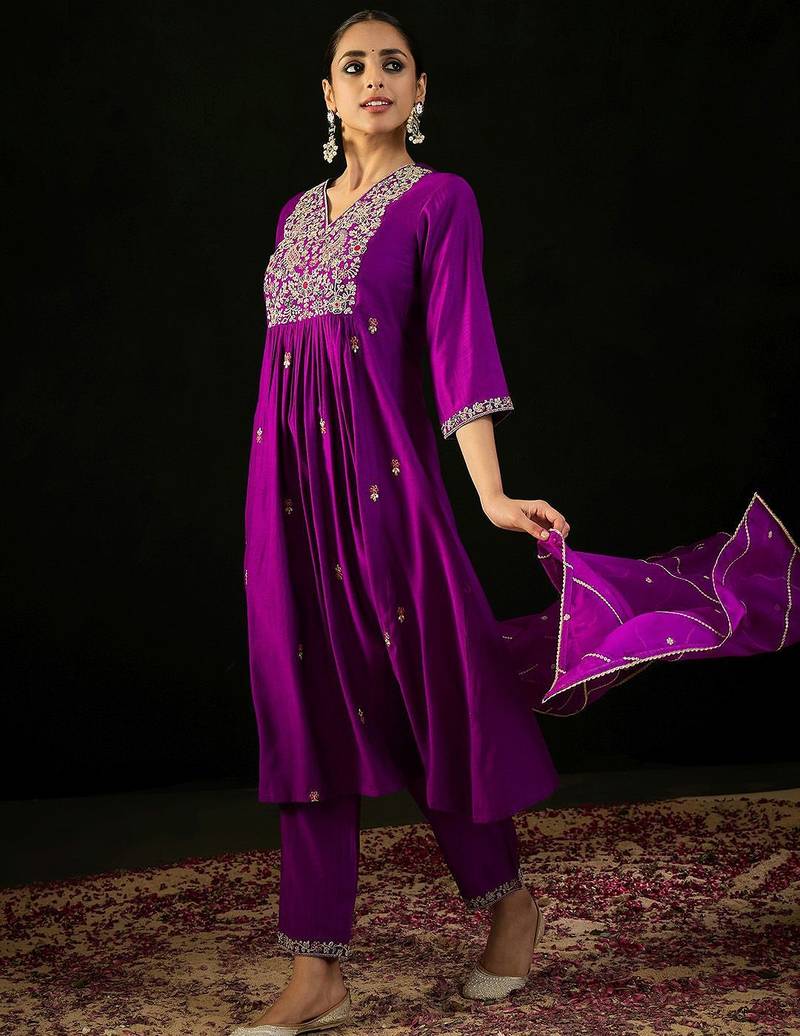 Floral Embroidered Empire Aari Work A-Line Kurta & Trousers With Dupatta