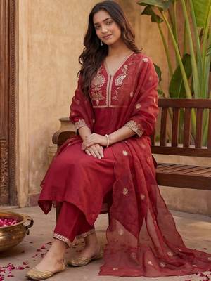 Women Ethnic Motifs Embroidered Regular Kurta with Trousers & With Dupatta 4