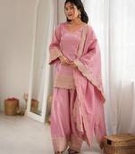 Premium roman silk embroidery sequence and jari work light pink readymade salwar suit