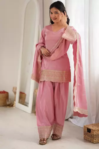 Premium roman silk embroidery sequence and jari work light pink readymade salwar suit