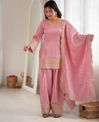 Premium roman silk embroidery sequence and jari work light pink readymade salwar suit 3