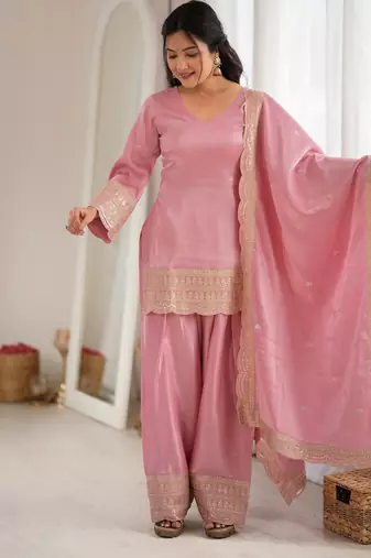 Premium roman silk embroidery sequence and jari work light pink readymade salwar suit