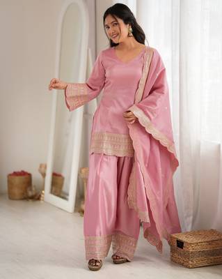 Premium roman silk embroidery sequence and jari work light pink readymade salwar suit 4