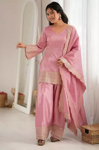 Premium roman silk embroidery sequence and jari work light pink readymade salwar suit