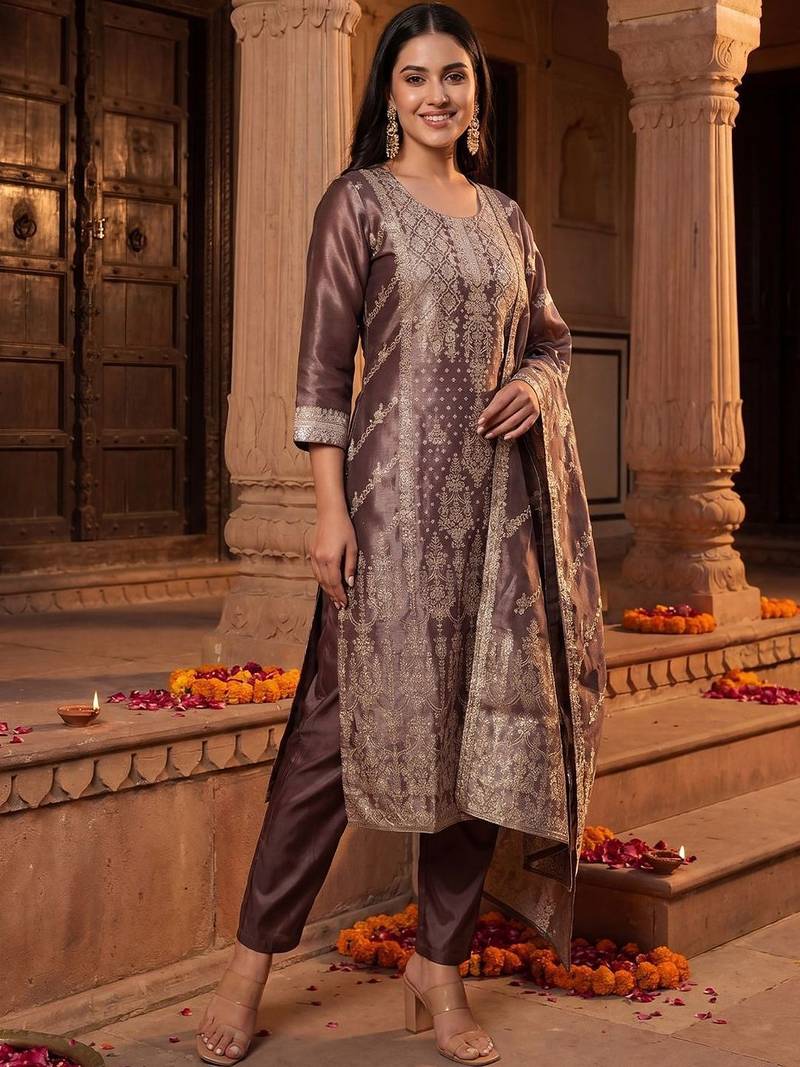 Women Ethnic Motifs Embroidered Regular Kurta with Trousers & With Dupatta