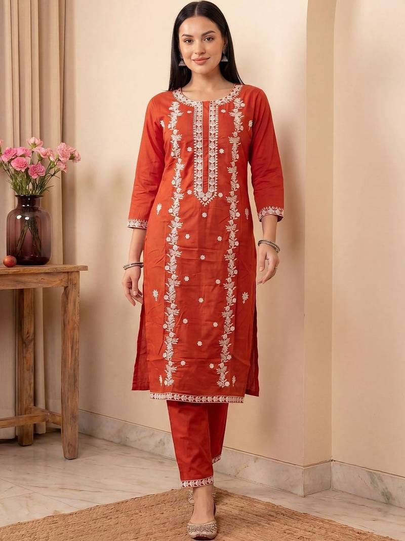 Women Ethnic Motifs Embroidered Regular Thread Work Kurta with Trousers