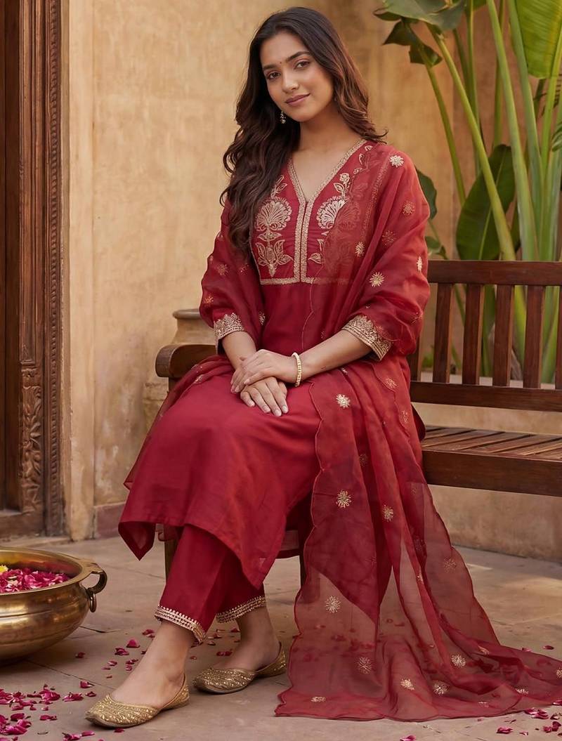 Women Ethnic Motifs Embroidered Regular Kurta with Trousers & With Dupatta
