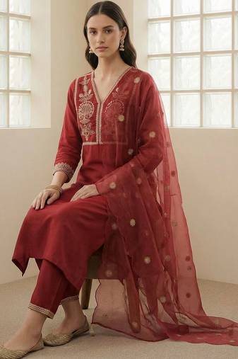 Women Ethnic Motifs Embroidered Regular Thread Work Kurta with Trousers & With Dupatta