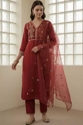 Women Ethnic Motifs Embroidered Regular Thread Work Kurta with Trousers & With Dupatta