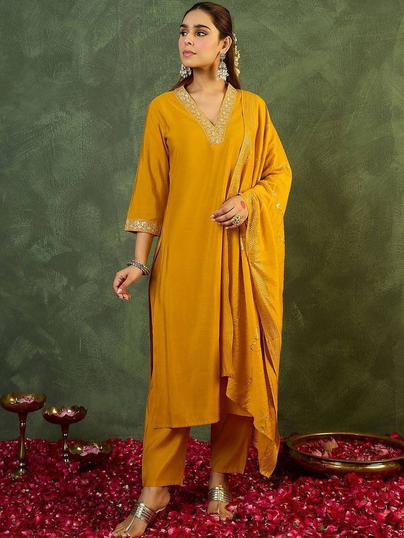 Women Ethnic Motifs Embroidered Regular Sequinned Kurta with Trousers & With Dupatta
