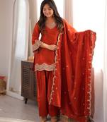 Premium  roman  silk embroidery sequence and jari work rust readymade salwar suit