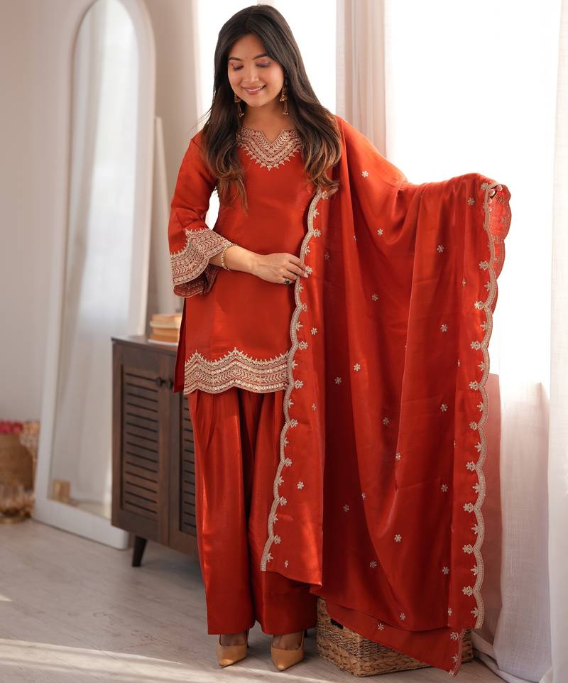 Premium  roman  silk embroidery sequence and jari work rust readymade salwar suit