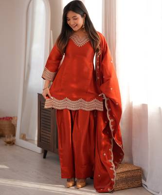 Premium  roman  silk embroidery sequence and jari work rust readymade salwar suit 3
