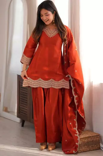 Premium  roman  silk embroidery sequence and jari work rust readymade salwar suit