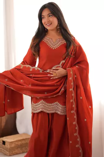 Premium  roman  silk embroidery sequence and jari work rust readymade salwar suit